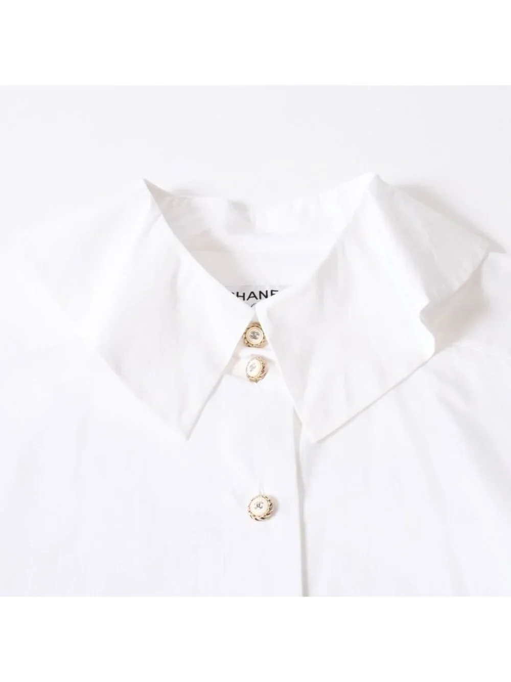 Chanel Long Sleeve Shirt Blouse CC Logo Cotton White Gold